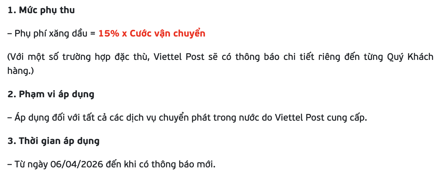 Viettel Post điều chỉnh phụ phí xăng dầu 15 % từ 6 / 4 / 2026 cho dịch vụ vận chuyển - Ảnh 1. Viettel Post điều chỉnh phụ phí xăng dầu 15 % từ 6 / 4 / 2026 cho dịch vụ vận chuyển - Ảnh 1.