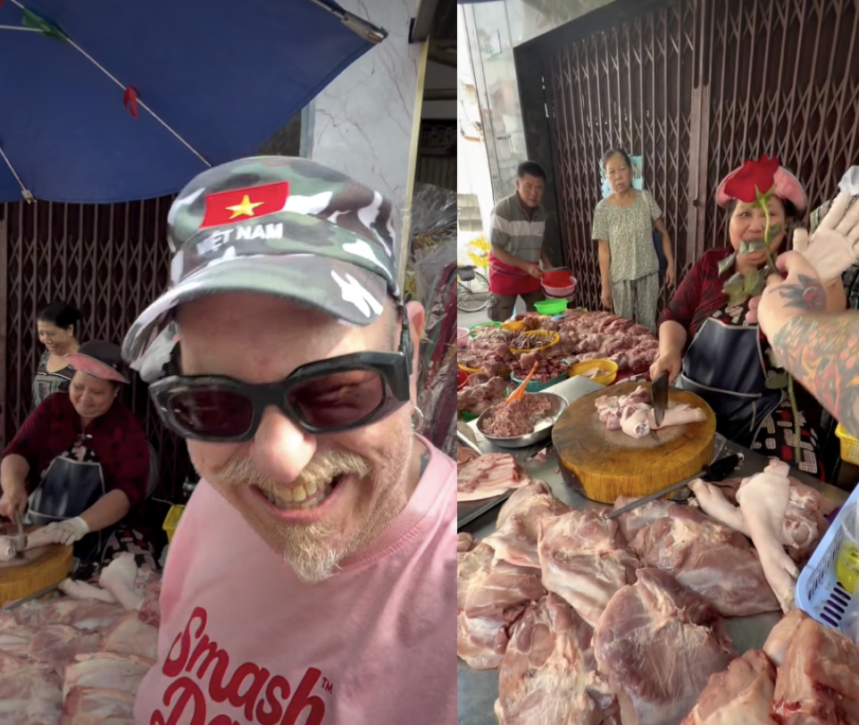 H&agrave;nh động bất ngờ của du kh&aacute;ch tặng hoa cho người b&aacute;n thịt heo tại Việt Nam - Ảnh 2.