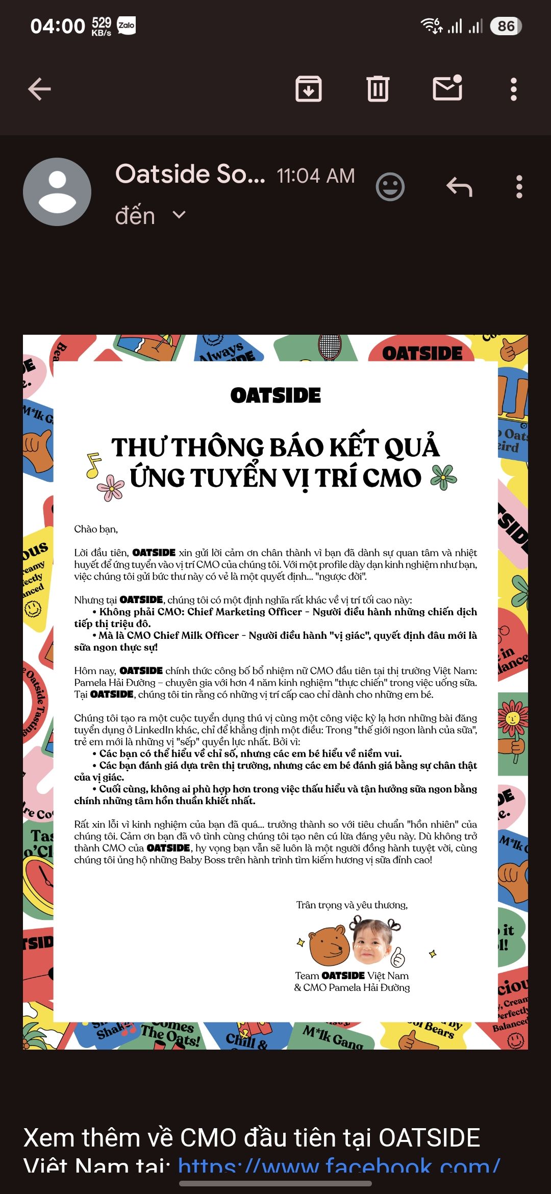 Oatside g&acirc;y bức x&uacute;c khi d&ugrave;ng h&igrave;nh ảnh b&eacute; Pamela Hải Đường trong tuyển dụng CMO - Ảnh 2.