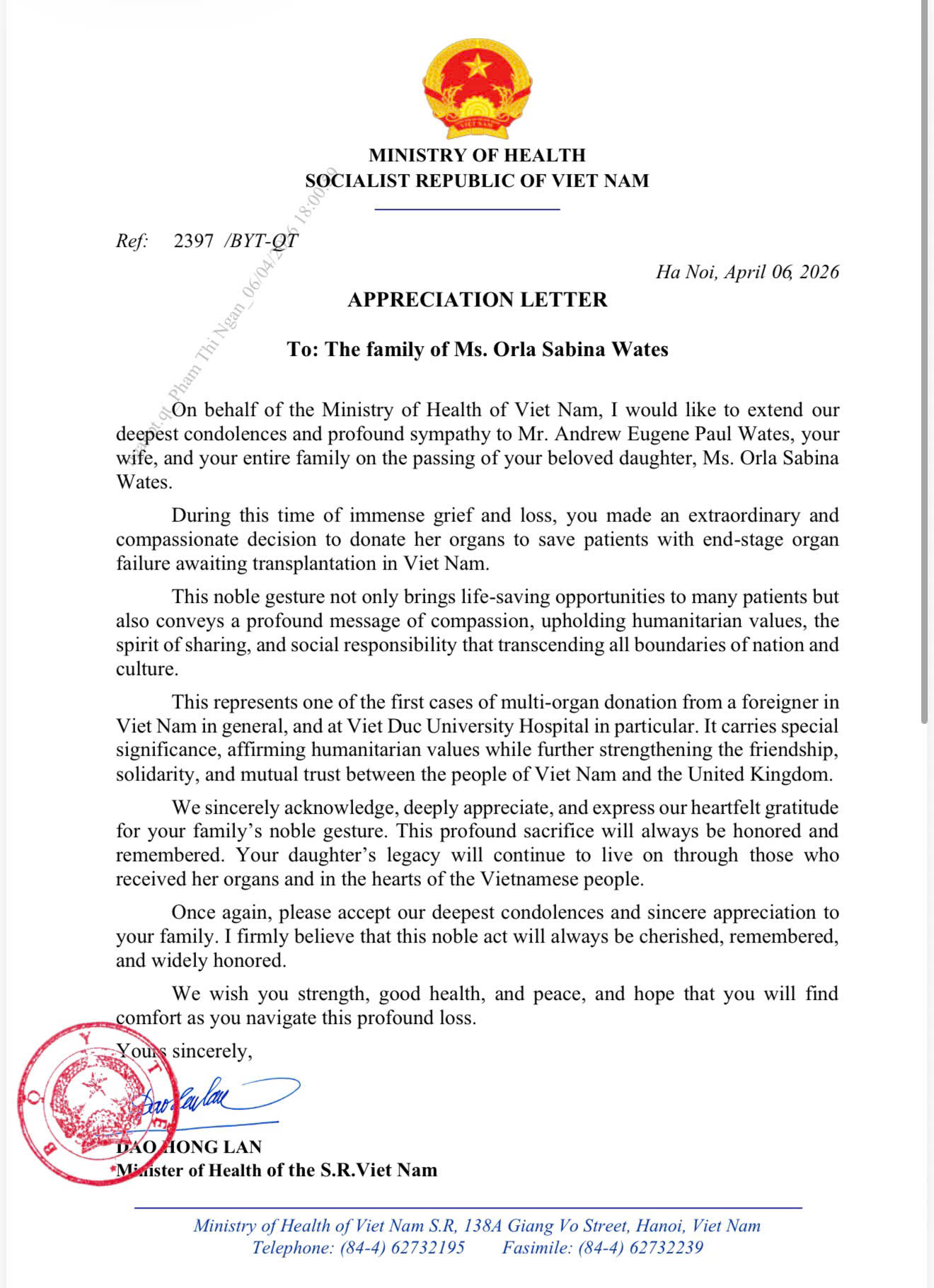 Bộ trưởng gửi thư cảm tạ gia đ&igrave;nh c&ocirc; g&aacute;i Anh hiến tạng cứu 3 người - Ảnh 1.