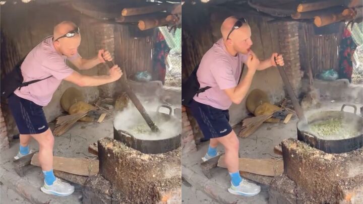 Kh&aacute;ch T&acirc;y trải nghiệm nấu c&aacute;m lợn ở H&agrave; Giang khiến d&acirc;n mạng cười b&ograve; - Ảnh 1.