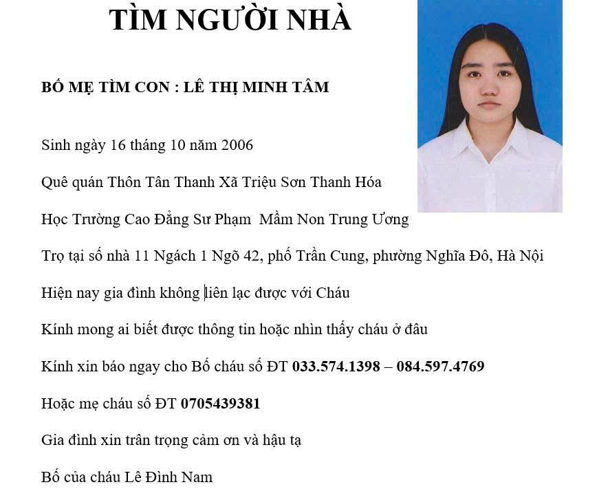 C&ocirc;ng an t&igrave;m nữ sinh mất t&iacute;ch L&ecirc; Thị Minh T&acirc;m , qu&ecirc; thanh h&oacute;a , tại H&agrave; Nội - Ảnh 1.