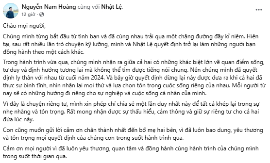 Chị g&aacute;i Quang Linh Vlogs Nhật Lệ th&ocirc;ng b&aacute;o tin buồn về việc ly h&ocirc;n - Ảnh 1.