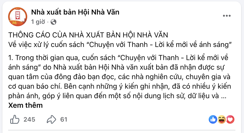 Dừng ph&aacute;t h&agrave;nh cuốn s&aacute;ch &ldquo; Chuyện với Thanh - Lời kể mới về &aacute;nh s&aacute;ng &rdquo; năm 2026 - Ảnh 2.