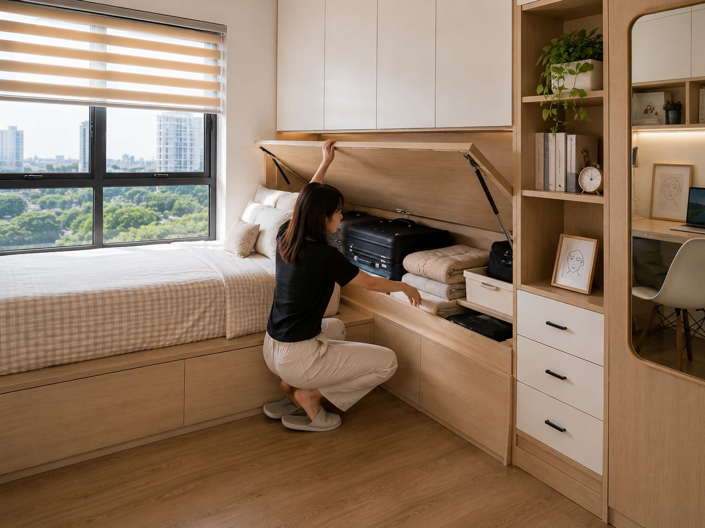 T&ocirc;i rất ngạc nhi&ecirc;n trước thiết kế &ldquo;giường kiểu bục&rdquo; của nh&agrave; h&agrave;ng x&oacute;m: Ph&ograve;ng ngủ chỉ 9m&sup2; nhưng vẫn đủ chỗ ngủ, l&agrave;m việc v&agrave; lưu trữ - Ảnh 3.