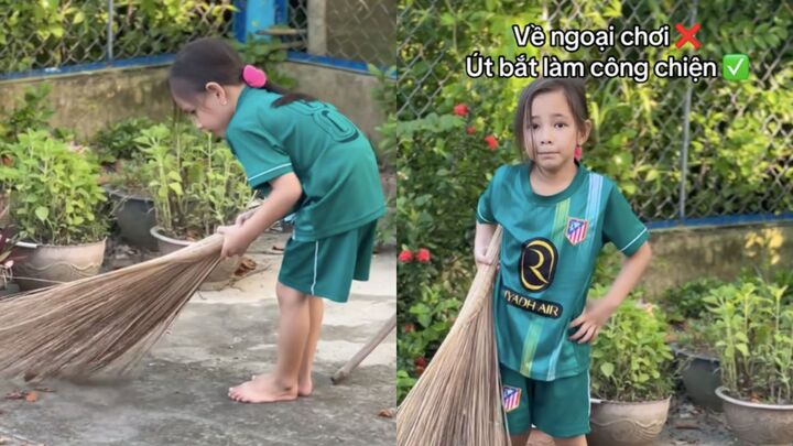 B&eacute; g&aacute;i chăm chỉ qu&eacute;t s&acirc;n khiến d&acirc;n mạng tan chảy trong m&ugrave;a h&egrave; - Ảnh 1.