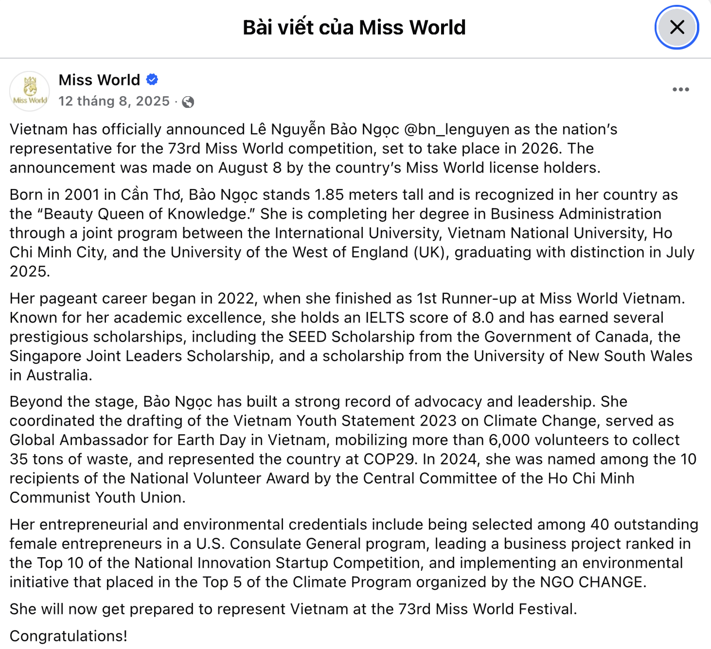 X&ocirc;n xao tin đồn về động th&aacute;i của Miss World giữa ồn &agrave;o Bảo Ngọc 