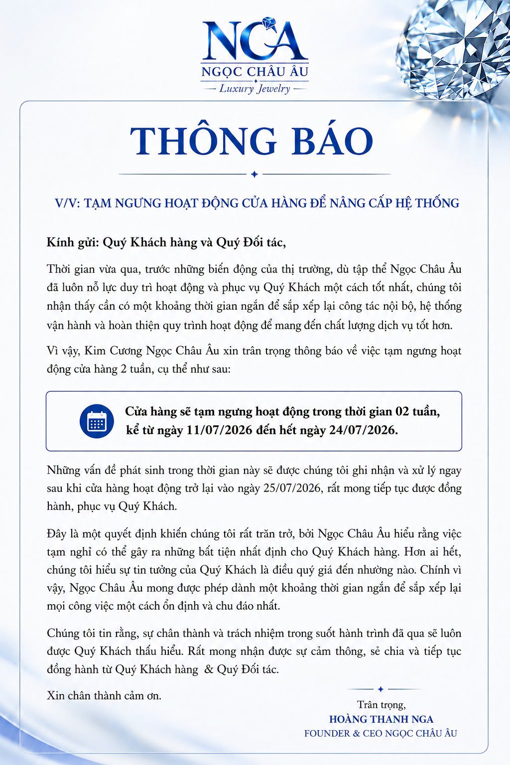 Cửa h&agrave;ng kim cương Ngọc Ch&acirc;u &Acirc;u tạm ngưng hoạt động , n&acirc;ng cao chất lượng dịch vụ - Ảnh 1.