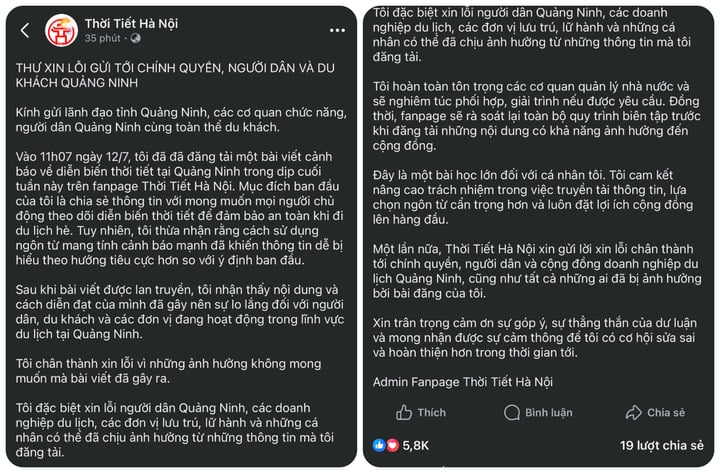 Fanpage Thời Tiết H&agrave; Nội xin lỗi v&igrave; th&ocirc;ng tin Thời Tiết g&acirc;y hoang mang tại Quảng Ninh - Ảnh 1.