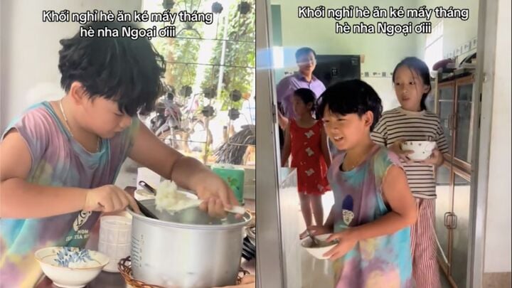 Cảnh 6 đứa ch&aacute;u nghỉ h&egrave; xếp h&agrave;ng ăn cơm b&agrave; nấu đầy ấm &aacute;p - Ảnh 1.