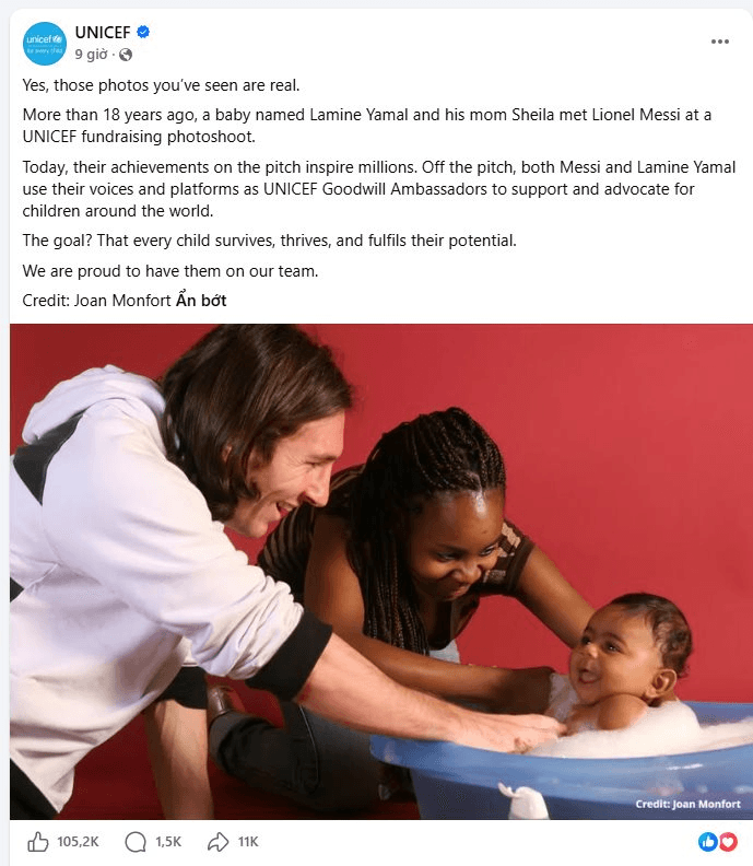 UNICEF khẳng định bức ảnh Messi tắm cho Yamal từ năm 2007 Ho&agrave;n to&agrave;n c&oacute; thật - Ảnh 2.