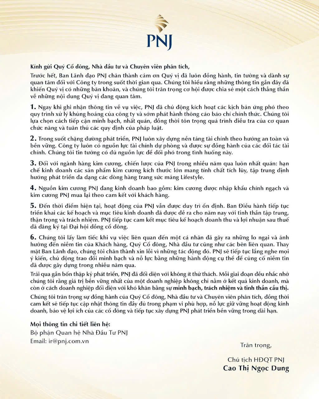 Chủ tịch PNJ Cao Thị Ngọc Dung xin lỗi cổ đ&ocirc;ng về vụ bu&ocirc;n lậu kim cương - Ảnh 2.