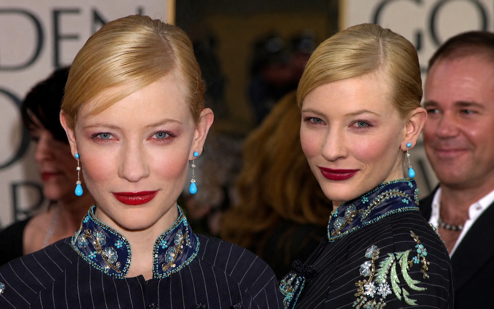 Đ&ocirc;i b&ocirc;ng tai ngọc lam t&ocirc;n vinh bộ suit kẻ sọc của Cate Blanchett tr&ecirc;n thảm đỏ - Ảnh 1.