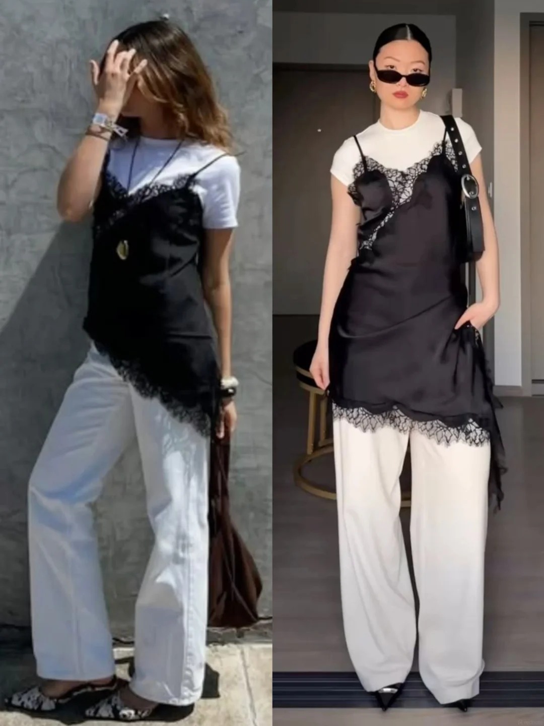 Váy hai dây satin ren phối quần ống rộng: Công thức mặc đẹp vừa nữ tính vừa có chất