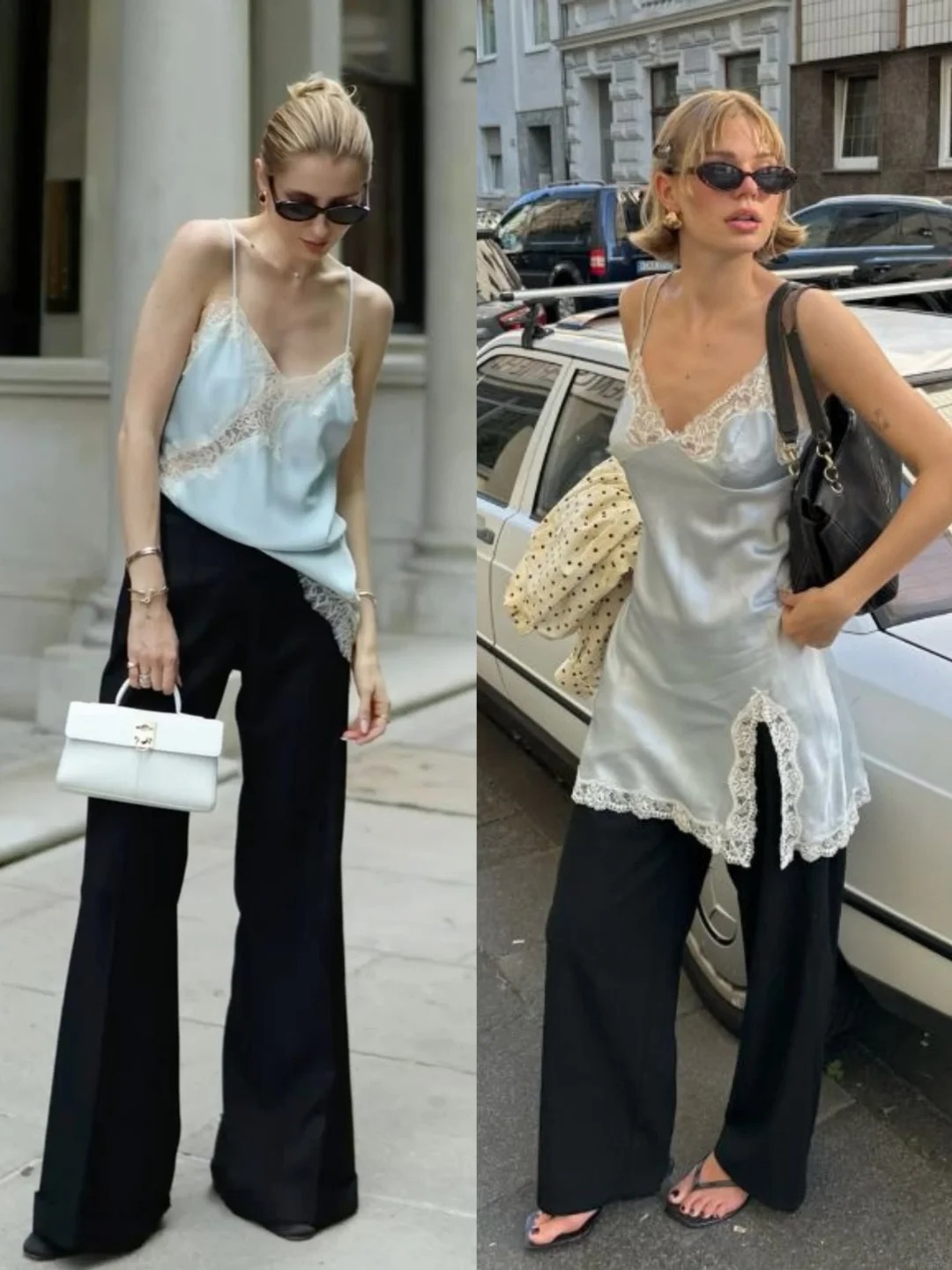 Váy hai dây satin ren phối quần ống rộng: Công thức mặc đẹp vừa nữ tính vừa có chất