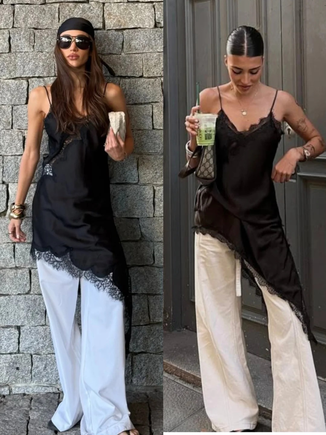 Váy hai dây satin ren phối quần ống rộng: Công thức mặc đẹp vừa nữ tính vừa có chất