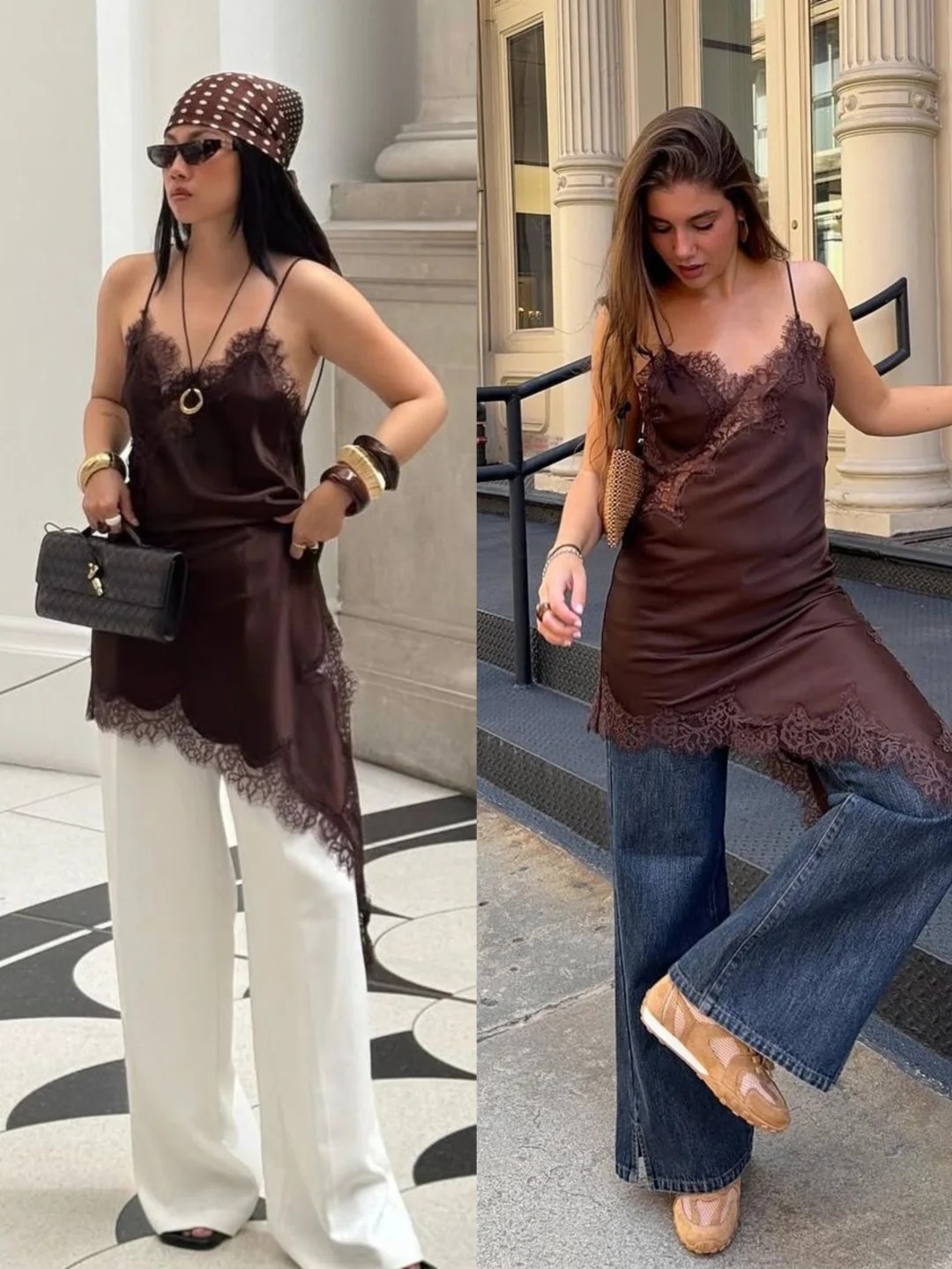 Váy hai dây satin ren phối quần ống rộng: Công thức mặc đẹp vừa nữ tính vừa có chất