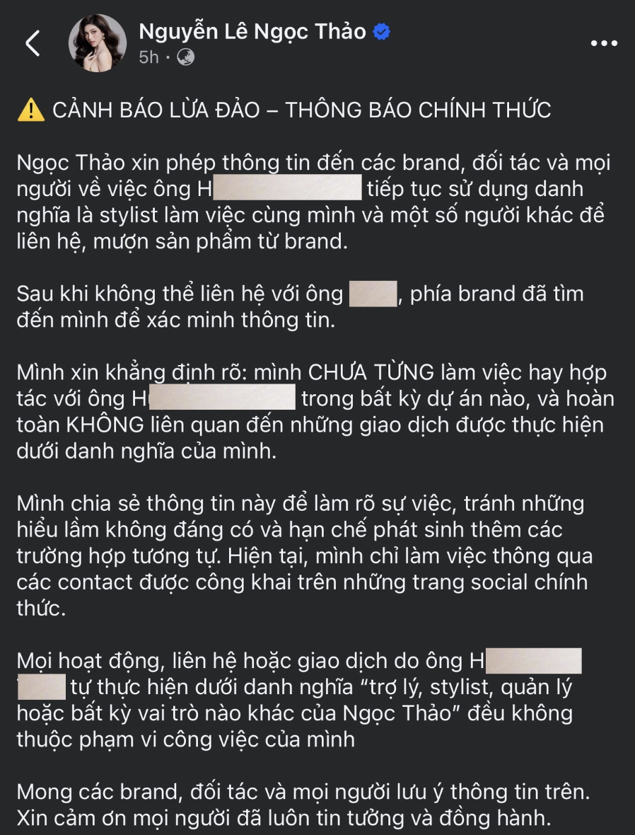 &Aacute; hậu Ngọc Thảo cảnh b&aacute;o lừa đảo mạo danh stylist g&acirc;y hoang mang trong ng&agrave;nh thời trang - Ảnh 2.