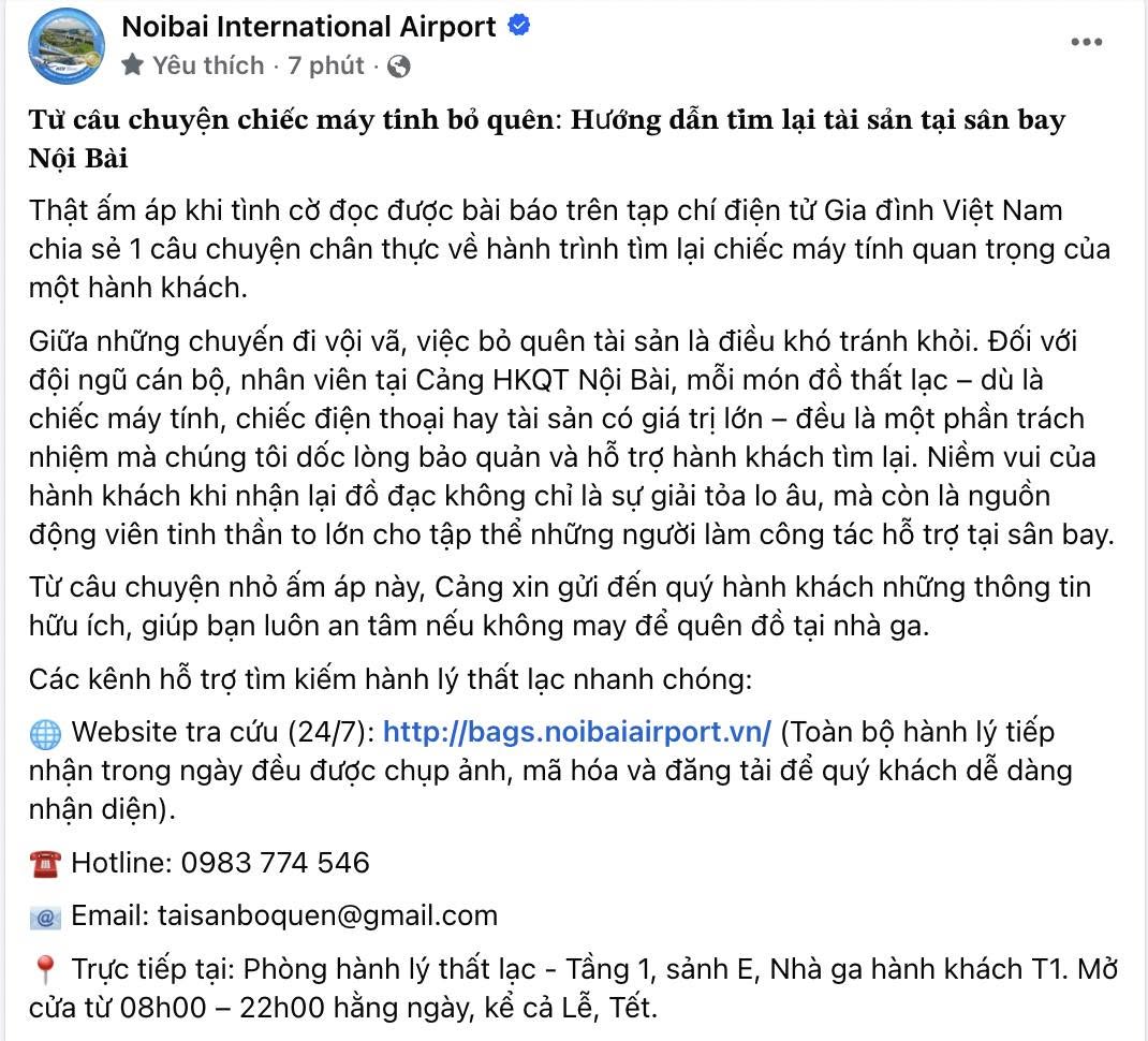S&acirc;n bay Nội B&agrave;i th&ocirc;ng b&aacute;o quan trọng về hỗ trợ t&igrave;m lại t&agrave;i sản bỏ qu&ecirc;n - Ảnh 1.