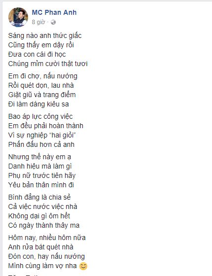 MC Phan Anh đeo tạp dề lau nhà, làm thơ ngôn tình tặng vợ - Ảnh 1.