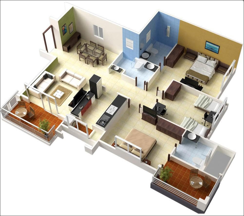 20 mẫu thiết kế 3D căn hộ 3 phòng ngủ hiện đại tiện nghi