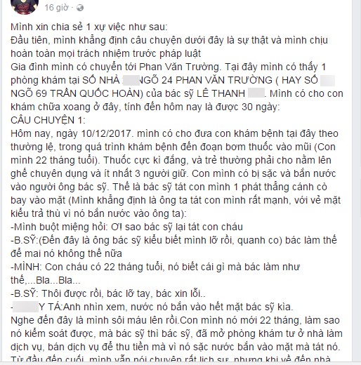 Hà Nội: Bé trai bị tát sưng tấy mặt vì sặc, bắn nước vào mặt bác sĩ khi đang khám - Ảnh 1.