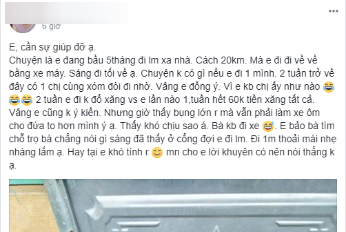 Than vãn có thai 5 tháng mà sáng nào cũng chở  bạn mới quen đi làm, mẹ bầu khiến 500 chị em MXH tranh cãi - Ảnh 1.