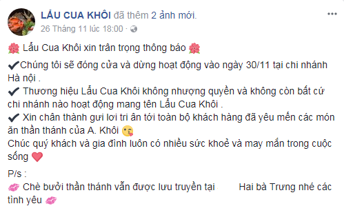 Đang làm ăn phát đạt, lẩu cua Khôi bất ngờ thông báo đóng cửa vĩnh viễn,  tín đồ ẩm thực ngẩn ngơ - Ảnh 1.