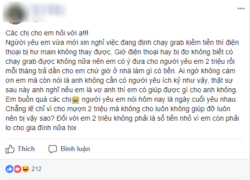 Bị chia tay vì cho bạn trai vay 2 triệu kèm giao hẹn nhớ trả dần cho em, cô nàng vẫn không hiểu tại sao - Ảnh 1.