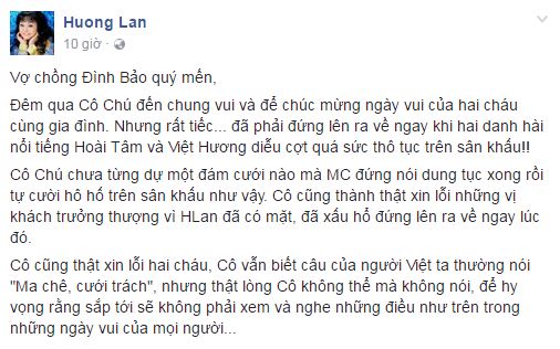 Ca sĩ Hương Lan bỏ về khi Việt Hương diễn hài thô tục trong đám cưới - Ảnh 2.