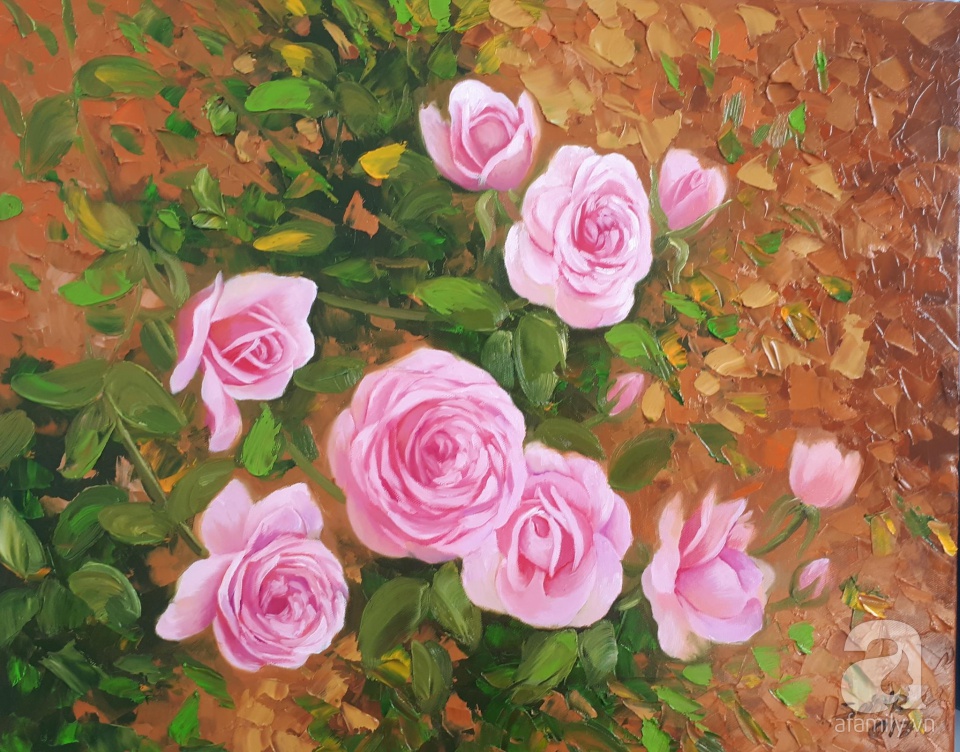 Hình ảnh vườn hoa hồng thật sự mãn nhãn với những cánh hoa đầy sức sống, mọi chi tiết được vẽ rất tinh xảo. Bức tranh sưởi ấm trái tim của người xem với tông màu hồng quyến rũ.
