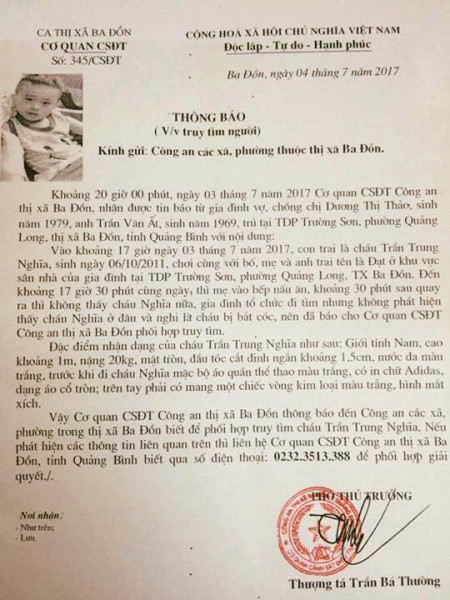 Công an truy tìm tung tích bé trai 7 tuổi mất tích ở Quảng Bình - Ảnh 1.