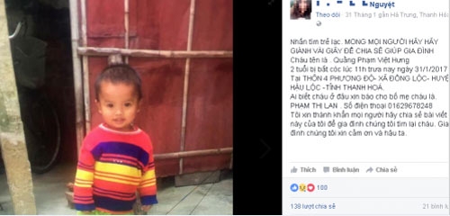  Bé trai 2 tuổi mất tích vào ngày Tết, bố mẹ khóc ròng tìm con - Ảnh 1.