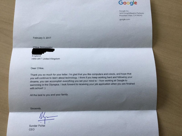 Cô bé 7 tuổi viết thư xin việc tại Google và nhận được hồi đáp bất ngờ của CEO Sundar Pichai - Ảnh 2.