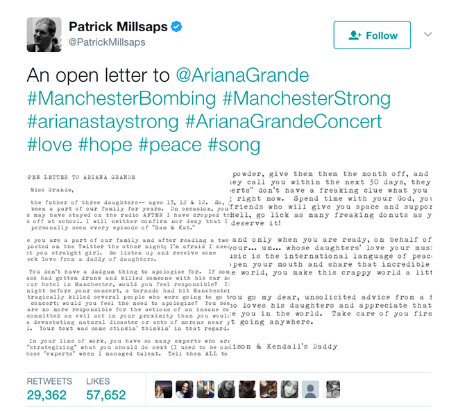 Bức thư của ông bố có 3 con gái gửi Ariana Grande gây bão cộng đồng mạng sau vụ tấn công Manchester - Ảnh 2.