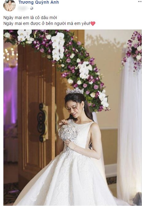 Trương Quỳnh Anh mặc áo cô dâu, úp mở sẽ làm đám cưới vào vào ngày mai - Ảnh 1.