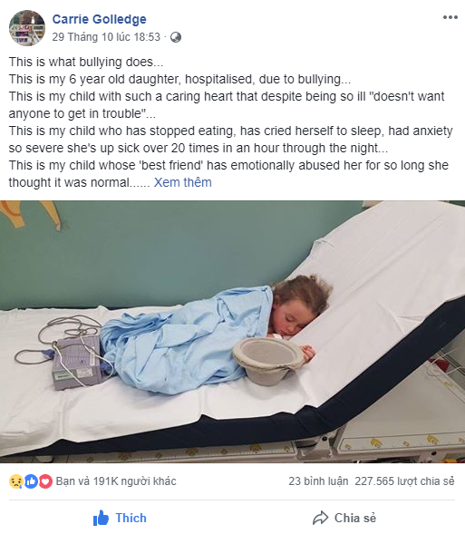 Hình ảnh bé gái thiếp đi trên giường bệnh và bài đăng của người mẹ về nạn bắt nạt học đường gây bão MXH - Ảnh 1.