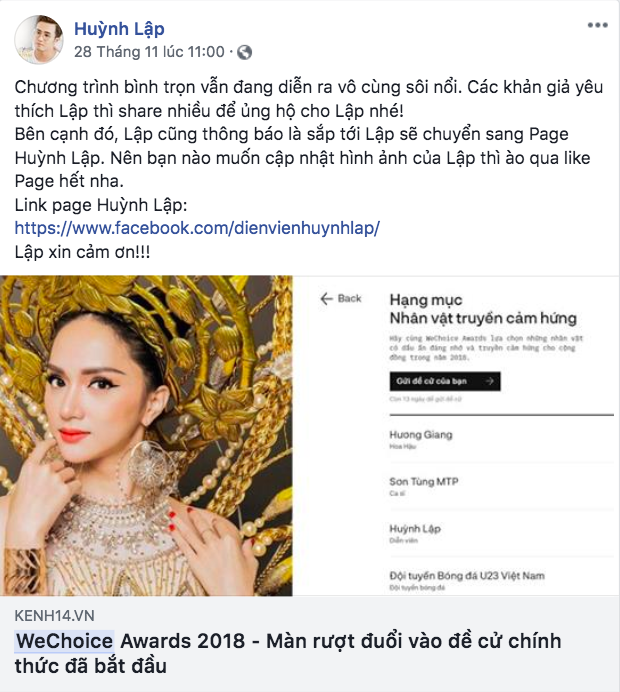 Nghệ sĩ Vbiz đồng loạt kêu gọi fan đề cử, quyết ẵm giải thưởng tại WeChoice Awards 2018 - Ảnh 1. Nghệ sĩ Vbiz đồng loạt kêu gọi fan đề cử, quyết ẵm giải thưởng tại WeChoice Awards 2018 - Ảnh 1.