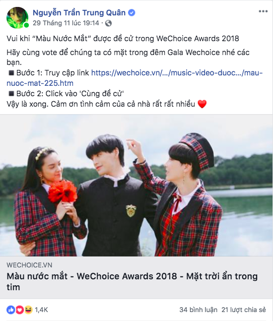 Nghệ sĩ Vbiz đồng loạt kêu gọi fan đề cử, quyết ẵm giải thưởng tại WeChoice Awards 2018 - Ảnh 5.