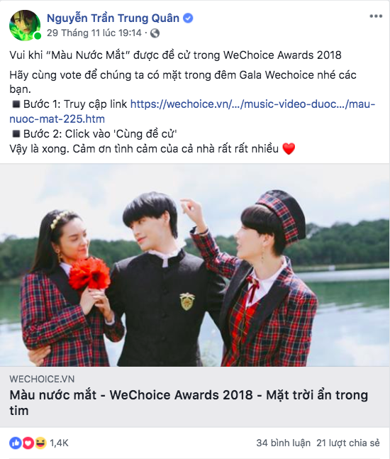 Nghệ sĩ Vbiz đồng loạt kêu gọi fan đề cử, quyết ẵm giải thưởng tại WeChoice Awards 2018 - Ảnh 5. Nghệ sĩ Vbiz đồng loạt kêu gọi fan đề cử, quyết ẵm giải thưởng tại WeChoice Awards 2018 - Ảnh 5.