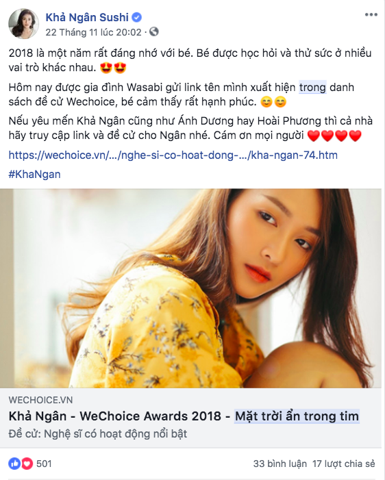 Nghệ sĩ Vbiz đồng loạt kêu gọi fan đề cử, quyết ẵm giải thưởng tại WeChoice Awards 2018 - Ảnh 7. Nghệ sĩ Vbiz đồng loạt kêu gọi fan đề cử, quyết ẵm giải thưởng tại WeChoice Awards 2018 - Ảnh 7.