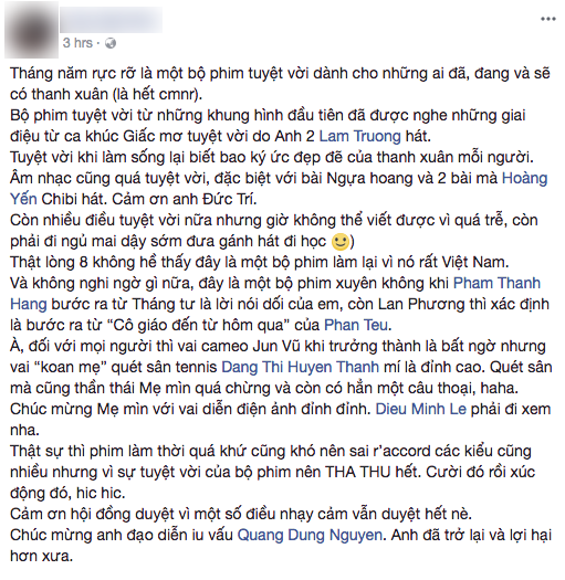 Sau buổi công chiếu, cả facebook đã tràn ngập lời khen dành cho Tháng Năm Rực Rỡ - Ảnh 1.