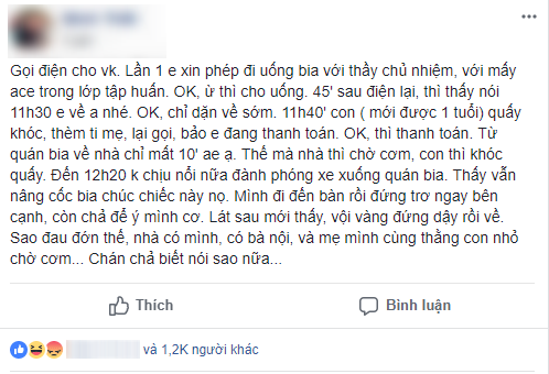 Đăng đàn than thở chuyện vợ đi uống bia, bỏ con quấy khóc, cả nhà chờ cơm, ông bố trẻ gây tranh cãi trên MXH - Ảnh 1.