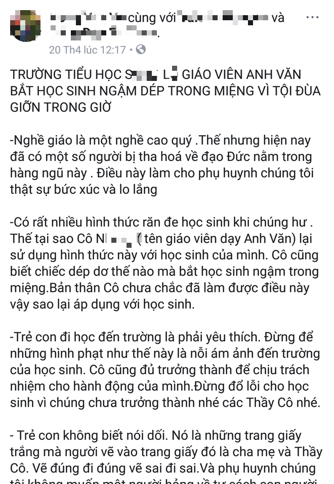 TP.HCM: Nghi vấn giáo viên dạy Tiếng Anh bắt học sinh tiểu học ngậm dép vào miệng vì đùa giỡn trong lớp học - Ảnh 1.