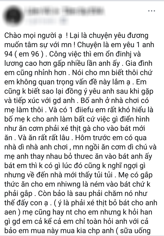 Chia sẻ bạn trai được bố mẹ cưng như trứng mỏng, thịt gà phải xé cho ăn, cô nàng được chị em chúc mừng: Lấy về đỡ phải đẻ  - Ảnh 1.