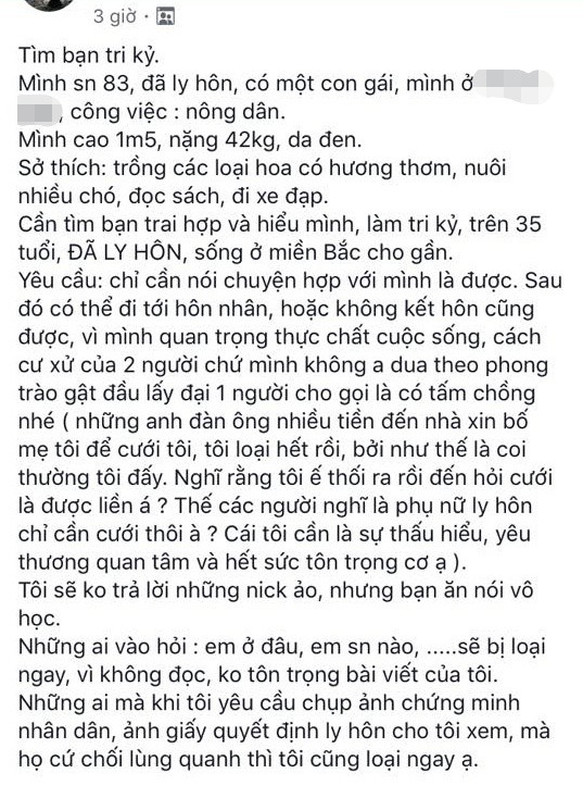 Đăng tin tìm tri kỷ với đủ thể loại điều kiện và giấy tờ chứng minh, mẹ đơn thân kém sắc bị ném đá rào rào - Ảnh 1.