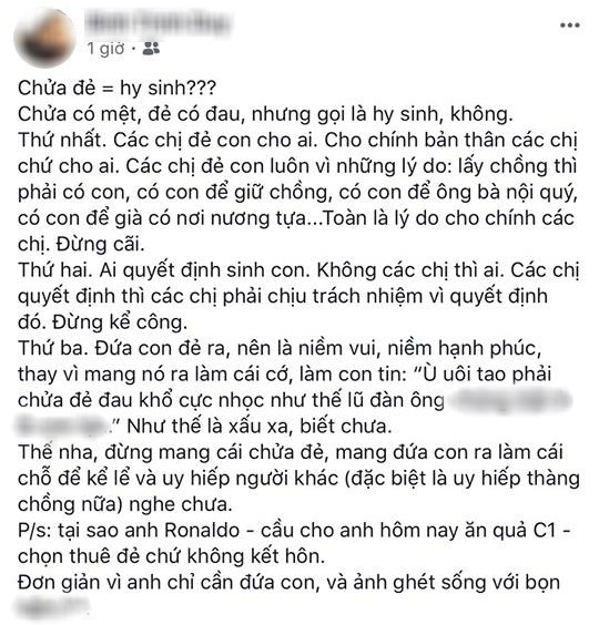 Quan điểm đã quyết định chửa đẻ thì chấp nhận đau, đừng kể công của chàng trai trẻ khiến chị em dậy sóng - Ảnh 1.