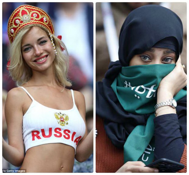 Muôn màu World Cup: Fan nữ Nga hở táo bạo, Saudi Arabia kín như bưng - Ảnh 1.