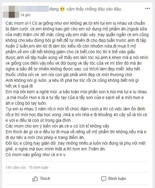 Cười ra nước mắt với lời kêu cứu từ vợ trẻ: Chồng không cho sử dụng mỹ phẩm, phải lau sạch son mới chịu hôn!