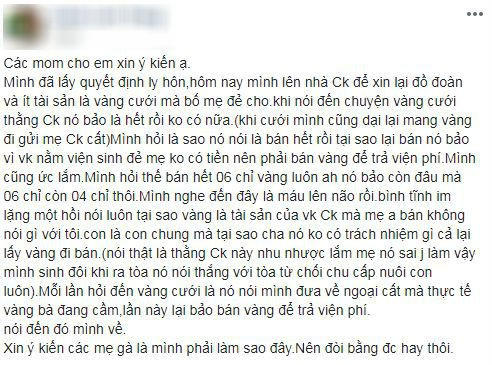 Cám cảnh mẹ trẻ ly hôn, chồng tuyên bố không trợ cấp cho hai con sinh đôi, 6 chỉ vàng cưới cũng bị mẹ chồng tự ý bán mất - Ảnh 1.